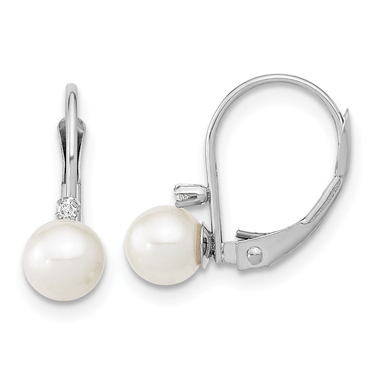 14K White Gold 5-6mm Round White FWC Pearl .02ct. Dia. Leverback Earrings-XFW248E
