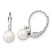 14K White Gold 5-6mm Round White FWC Pearl .02ct. Dia. Leverback Earrings-XFW248E