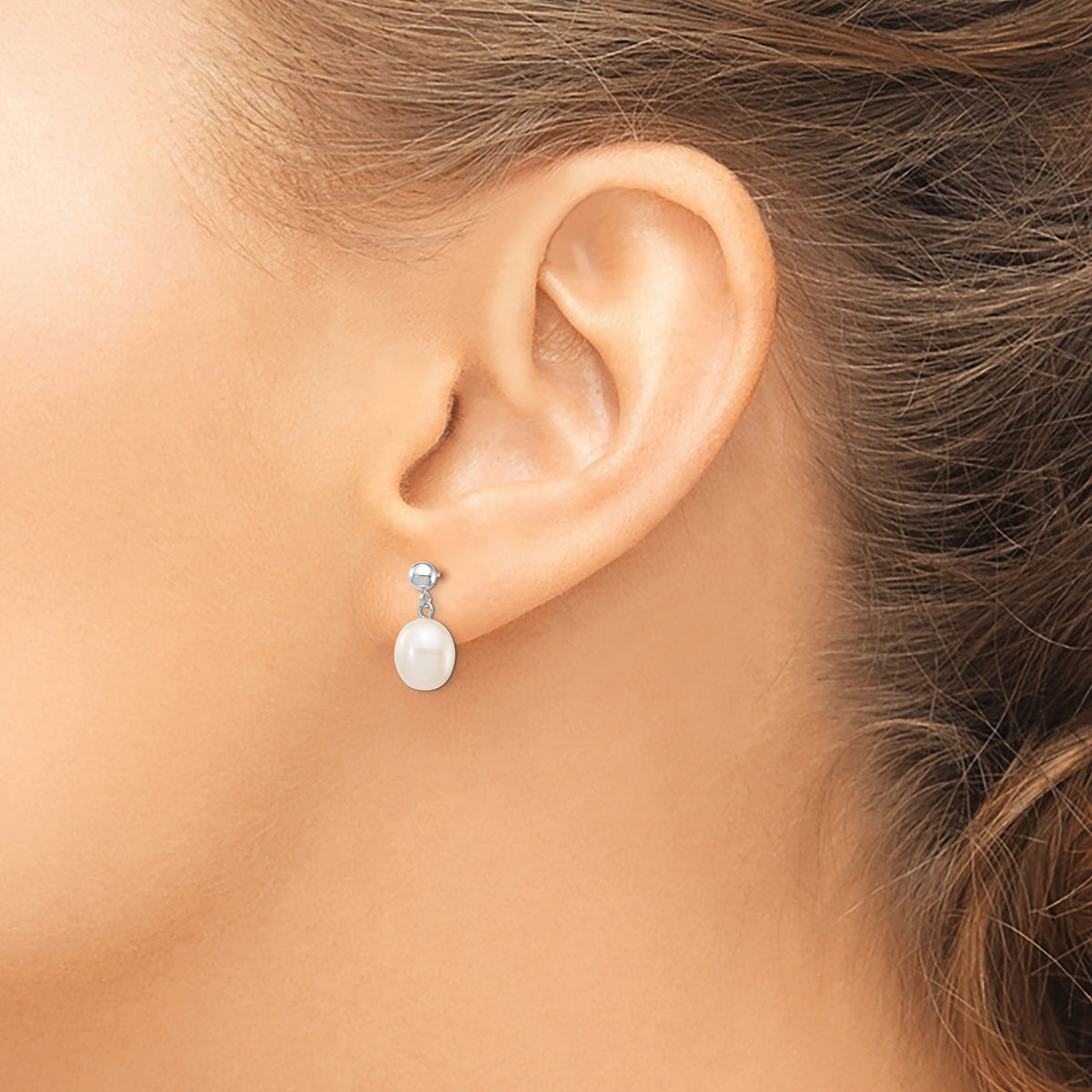 14kw 8-9mm White Rice Freshwater Cultured Pearl Post Dangle Earrings-XFW250E