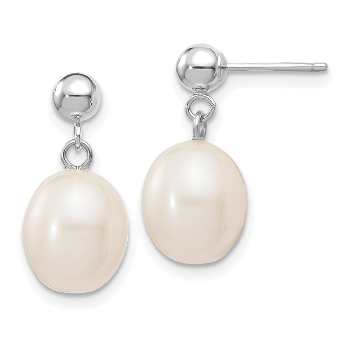 14kw 8-9mm White Rice Freshwater Cultured Pearl Post Dangle Earrings-XFW250E