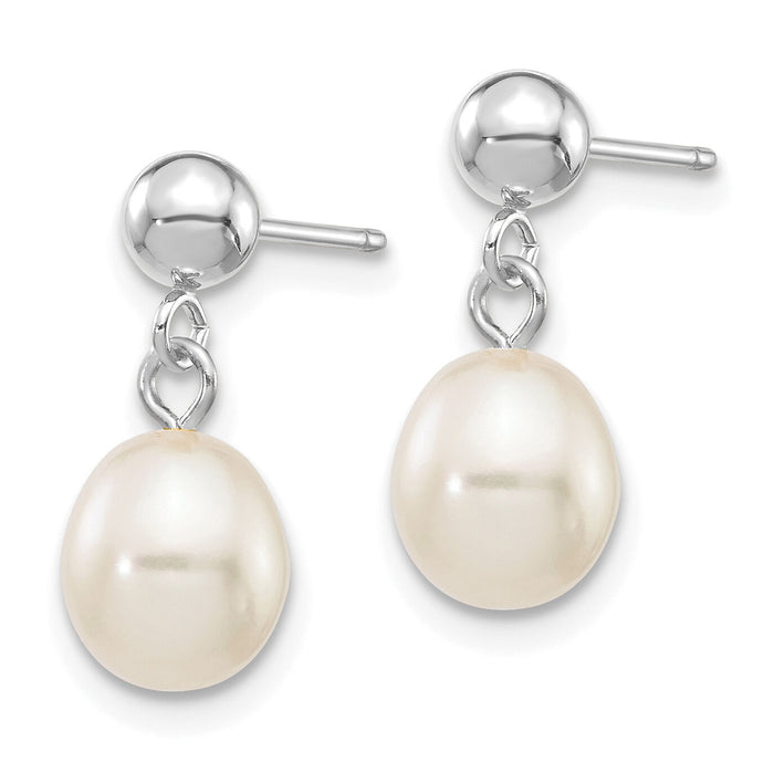 14kw 6-7mm White Rice Freshwater Cultured Pearl Post Dangle Earrings-XFW252E