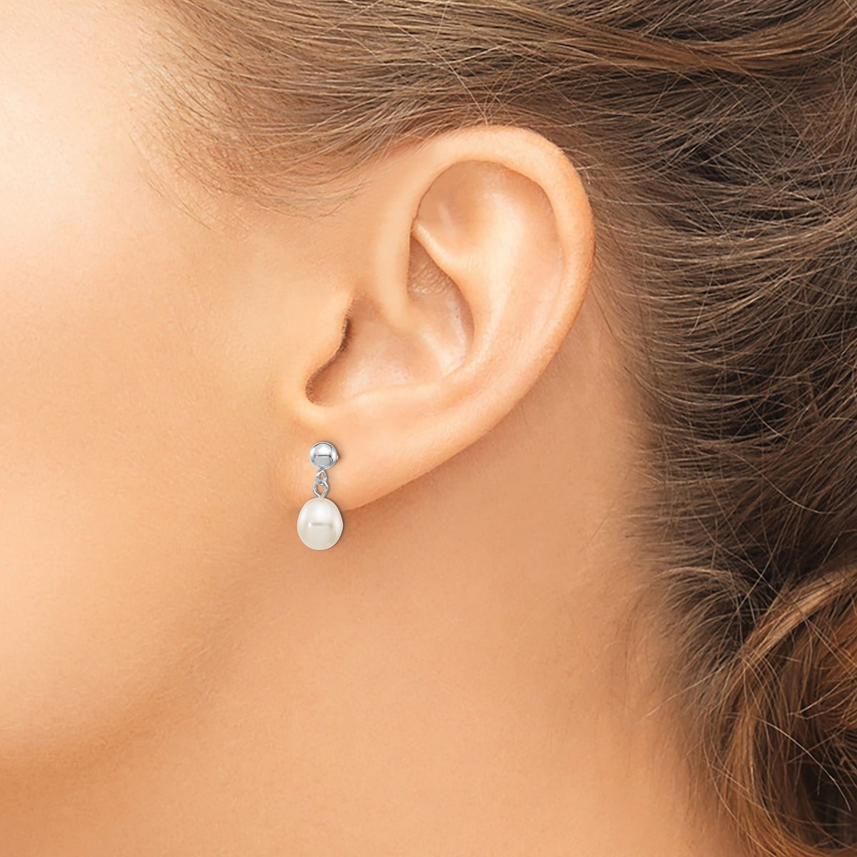 14kw 6-7mm White Rice Freshwater Cultured Pearl Post Dangle Earrings-XFW252E
