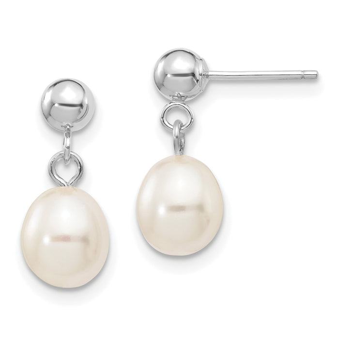 14kw 6-7mm White Rice Freshwater Cultured Pearl Post Dangle Earrings-XFW252E