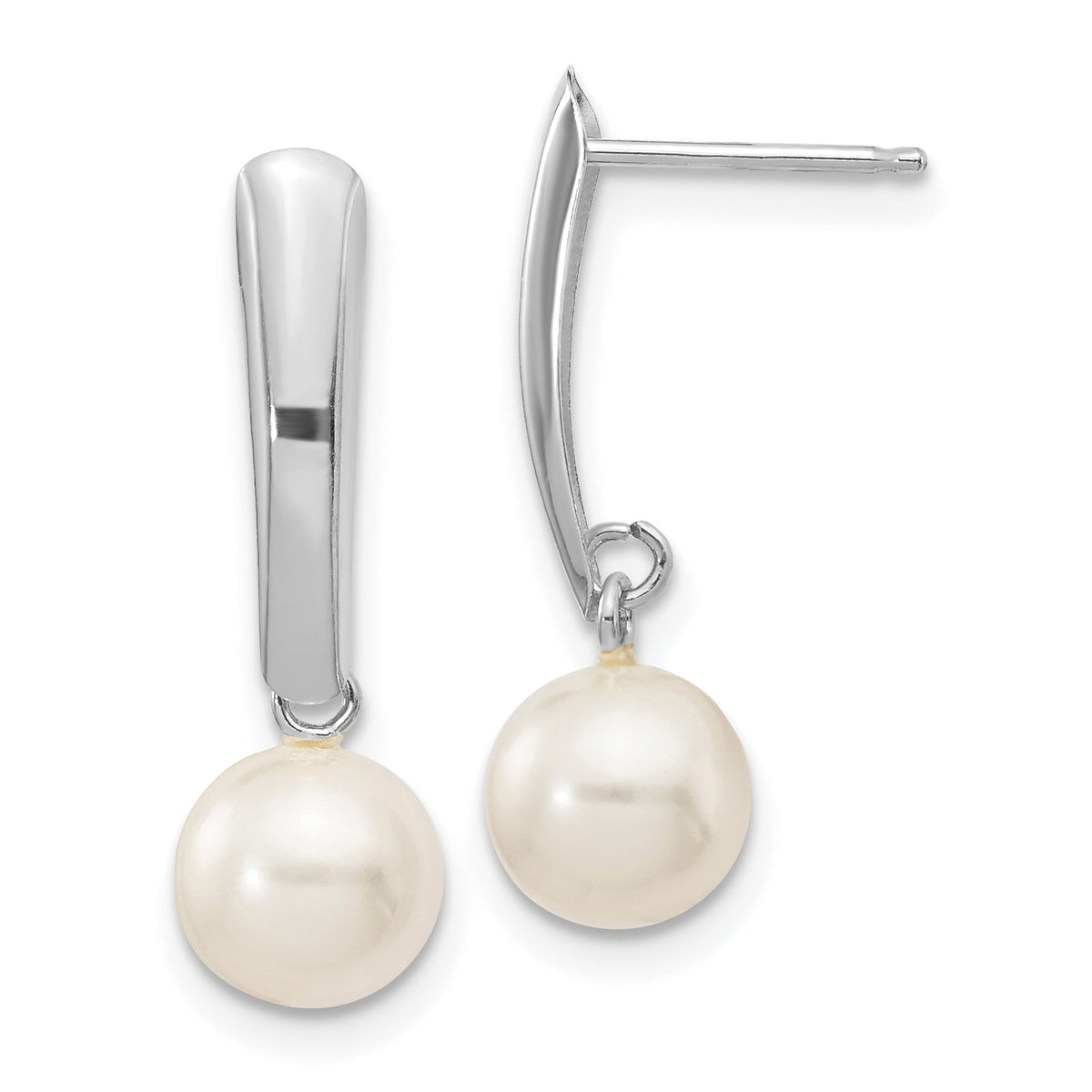 14K White Gold 6-7mm Round White FWC Pearl Post Dangle Earrings-XFW263E
