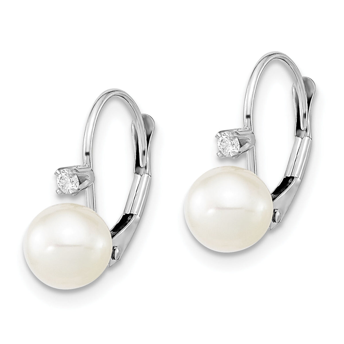 14K White Gold 6-7mm Round White FWC Pearl .06ct. Dia. Leverback Earrings-XFW264E