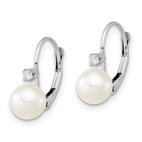 14K White Gold 6-7mm Round White FWC Pearl .06ct. Dia. Leverback Earrings-XFW264E
