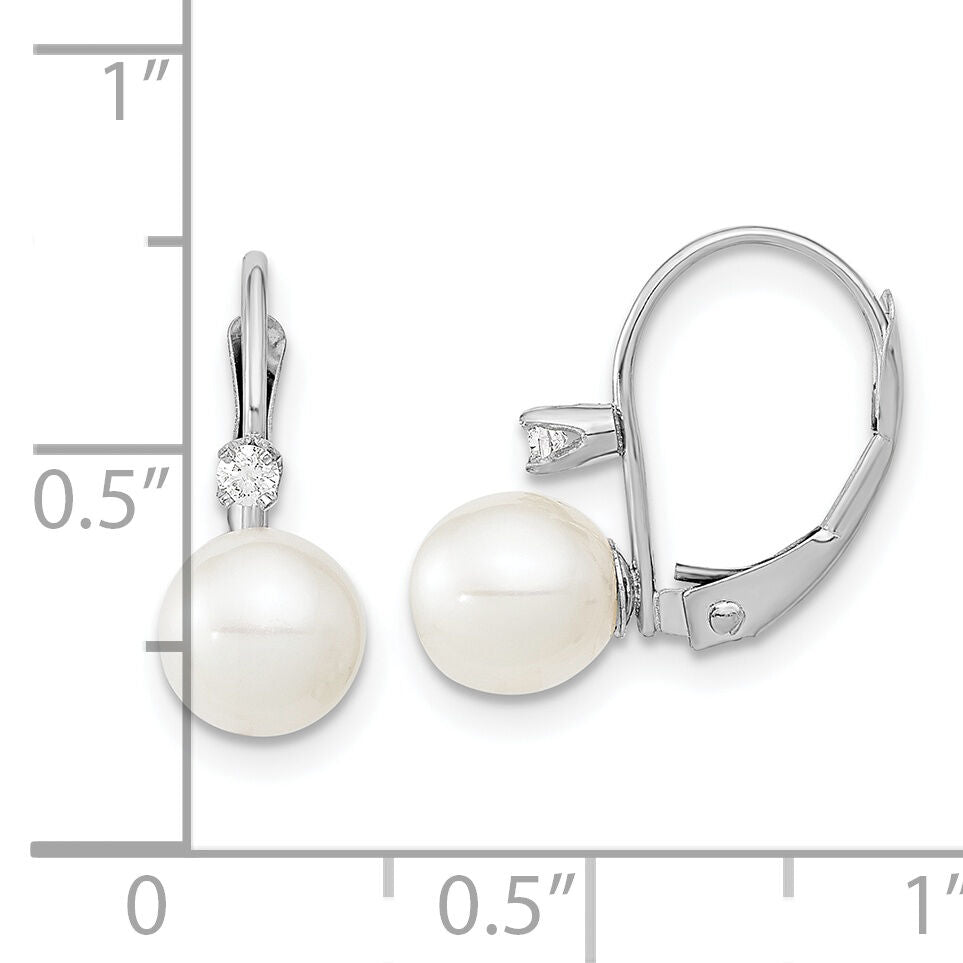 14K White Gold 6-7mm Round White FWC Pearl .06ct. Dia. Leverback Earrings-XFW264E