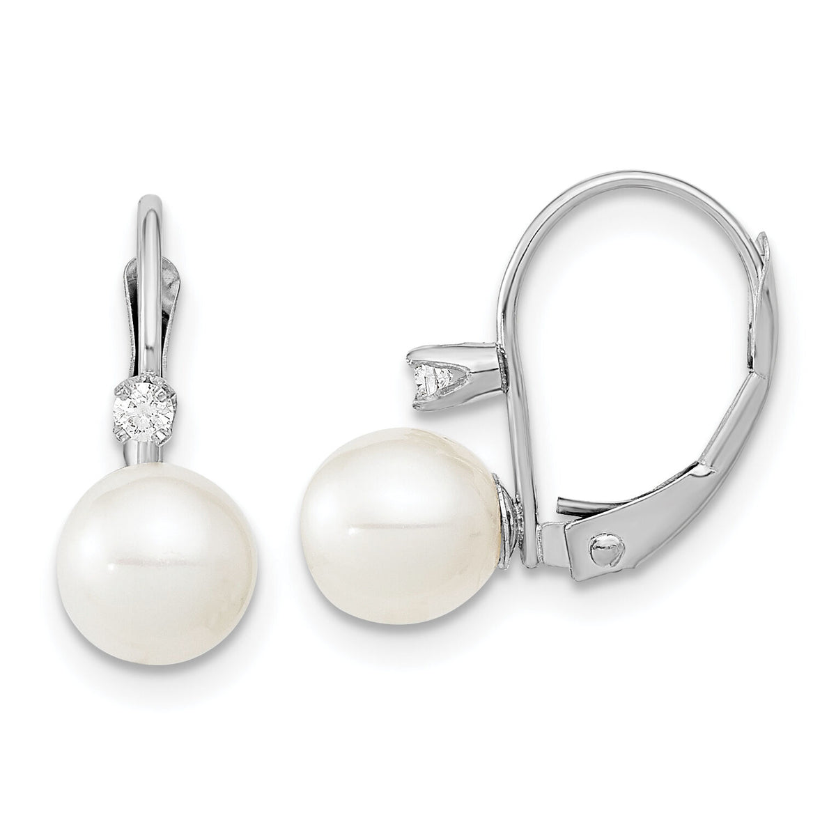 14K White Gold 6-7mm Round White FWC Pearl .06ct. Dia. Leverback Earrings-XFW264E