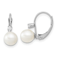 14K White Gold 6-7mm Round White FWC Pearl .06ct. Dia. Leverback Earrings-XFW264E