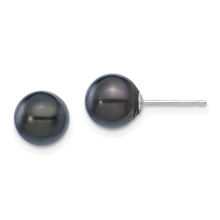 14K White Gold 7-8mm Round Black Saltwater Akoya Cultured Pearl Earrings-XFW329E