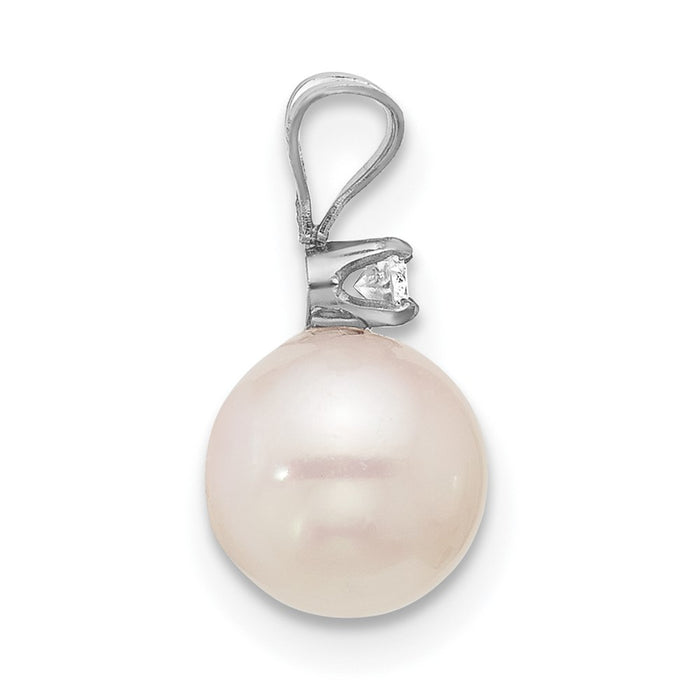 14K White Gold 7-8mm Round White Saltwater Akoya .05ct Diamond pearl Pendant-XFW476