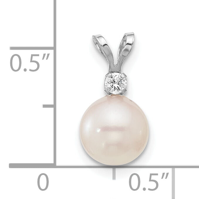 14K White Gold 7-8mm Round White Saltwater Akoya .05ct Diamond Pendant-XFW476