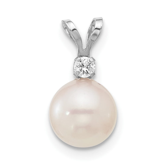 14K White Gold 7-8mm Round White Saltwater Akoya .05ct Diamond pearl Pendant-XFW476
