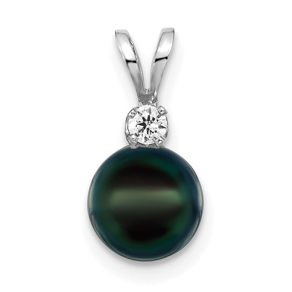 14kw 7-8mm Black Round Saltwater Akoya Cultured Pearl Diamond Post Pendants-XFW476B