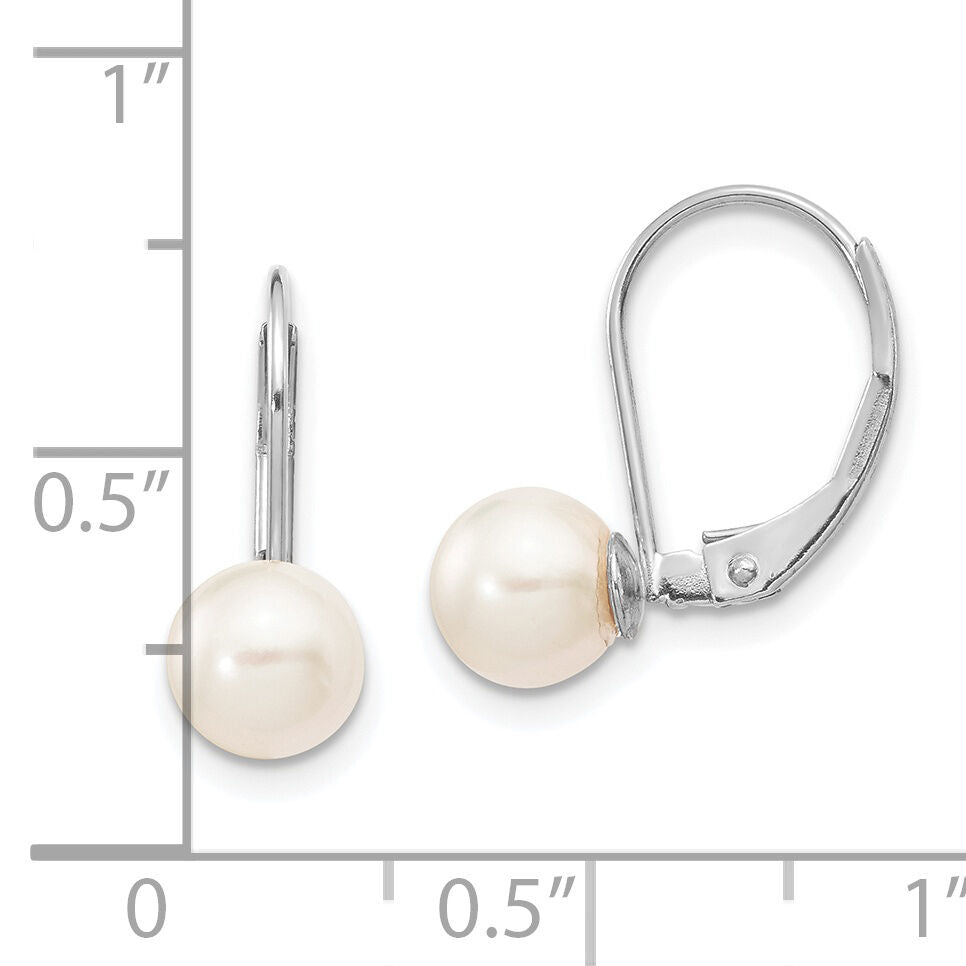 14K White Gold 6-7mm Round White Akoya Pearl Leverback Earrings-XFW480E