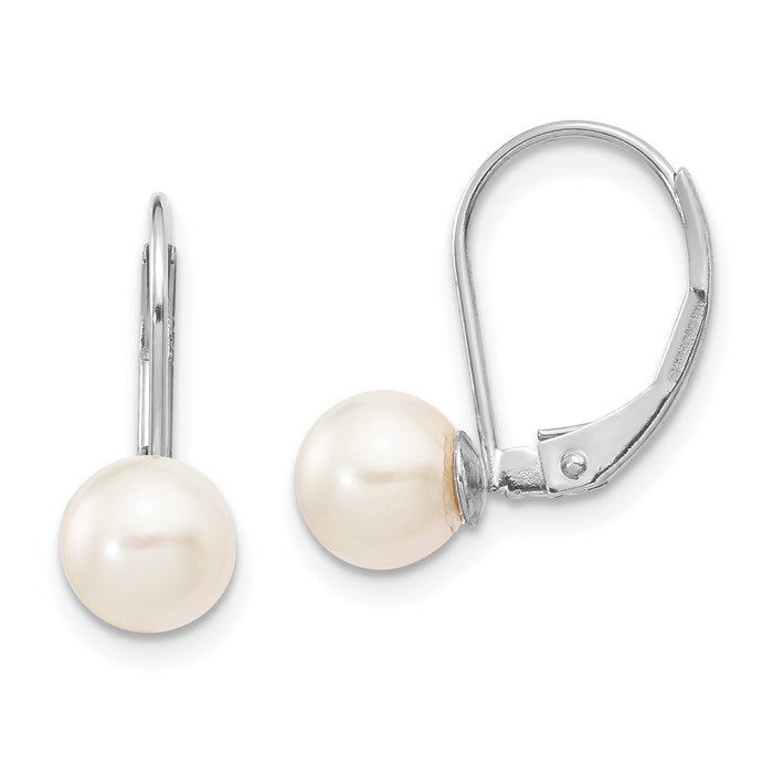 14K White Gold 6-7mm Round White Akoya Pearl Leverback Earrings-XFW480E