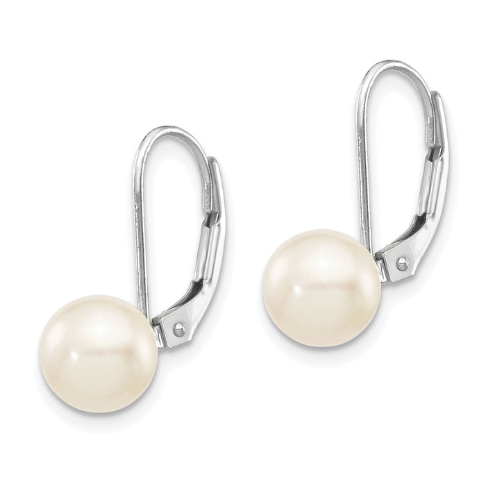 14K White Gold 7-8mm Round White Saltwater Akoya Pearl Leverback Earrings-XFW481E