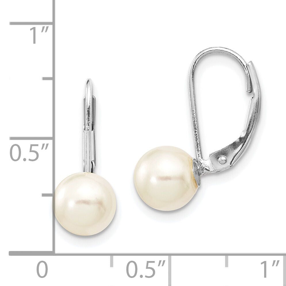14K White Gold 7-8mm Round White Saltwater Akoya Pearl Leverback Earrings-XFW481E