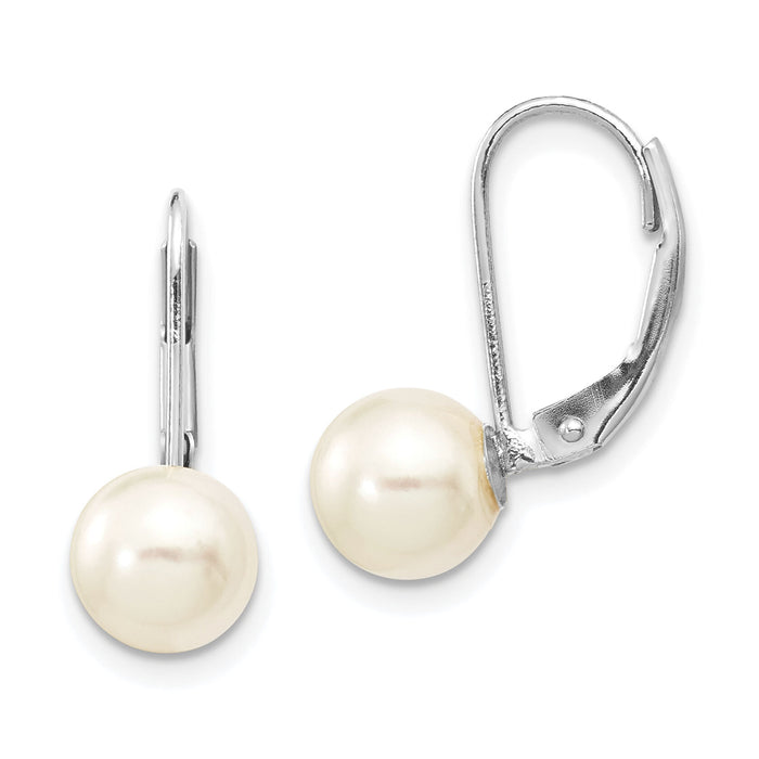 14K White Gold 7-8mm Round White Saltwater Akoya Pearl Leverback Earrings-XFW481E