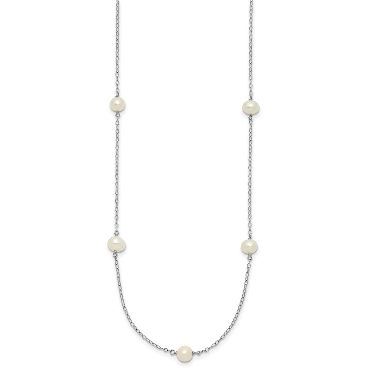 14K White Gold 5-6mm Round White FWC Pearl 7 Station Necklace-XFW555W-18