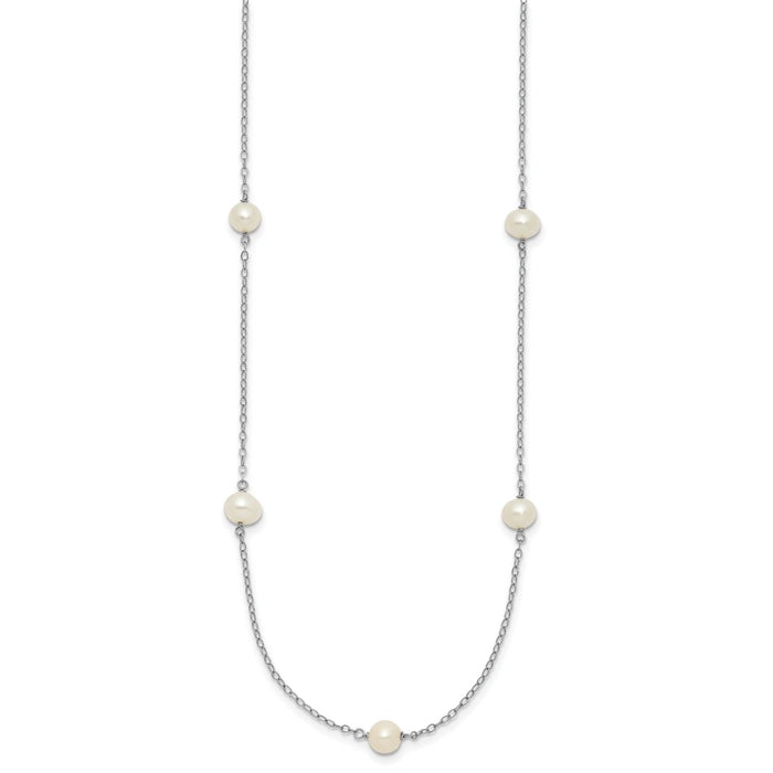 14K White Gold 5-6mm Round White FWC Pearl 7 Station Necklace-XFW555W-18