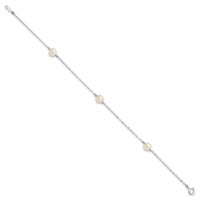 14K White Gold 5-6mm Round White FWC Pearl 3 Station Bracelet-XFW560-7.25
