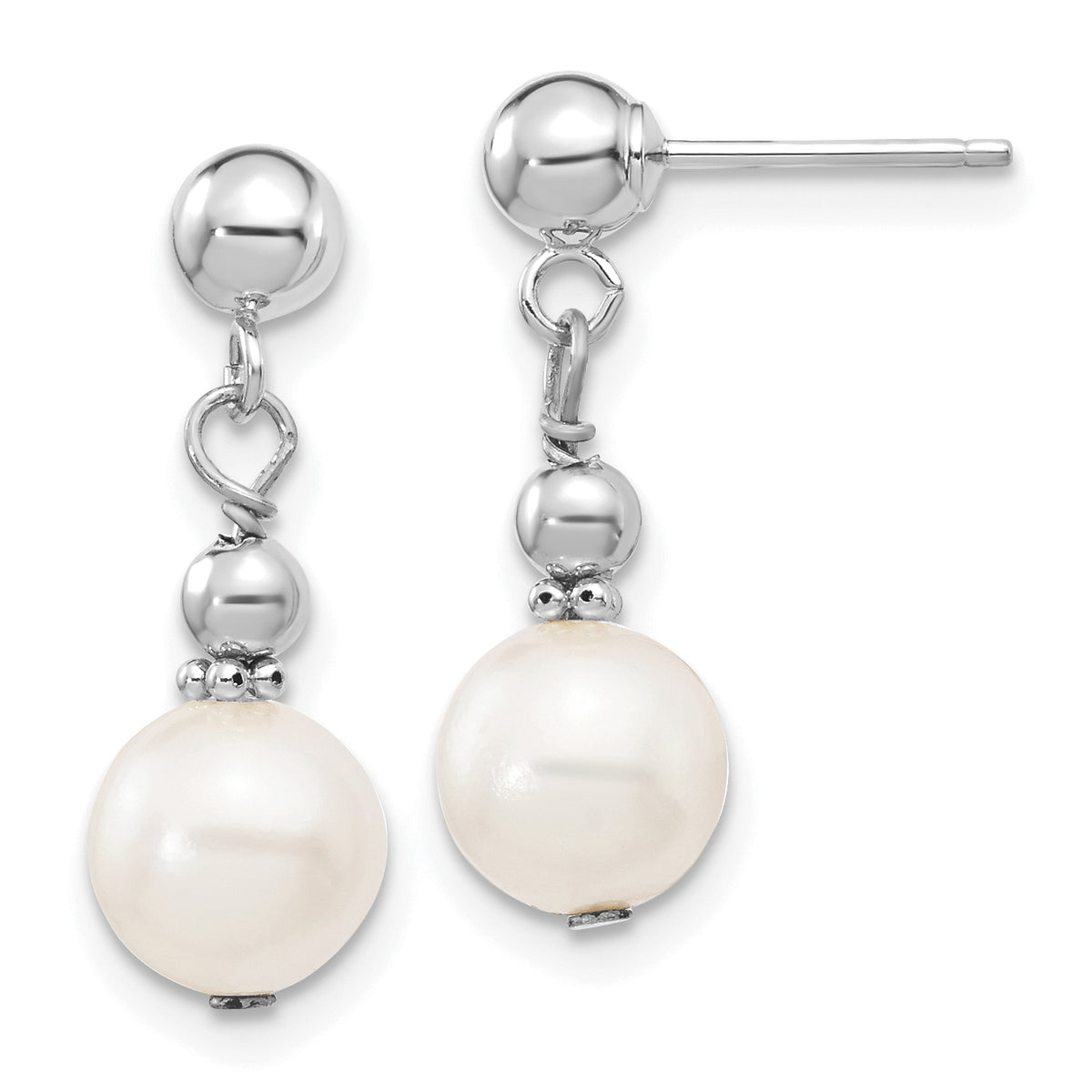 14kw 7-8mm White Semi-round Freshwater Cultured Pearl Post Dangle Earrings-XFW564