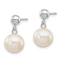 14kw 8-8.5mm White Round Freshwater Cultured Pearl Post Dangle Earrings-XFW570