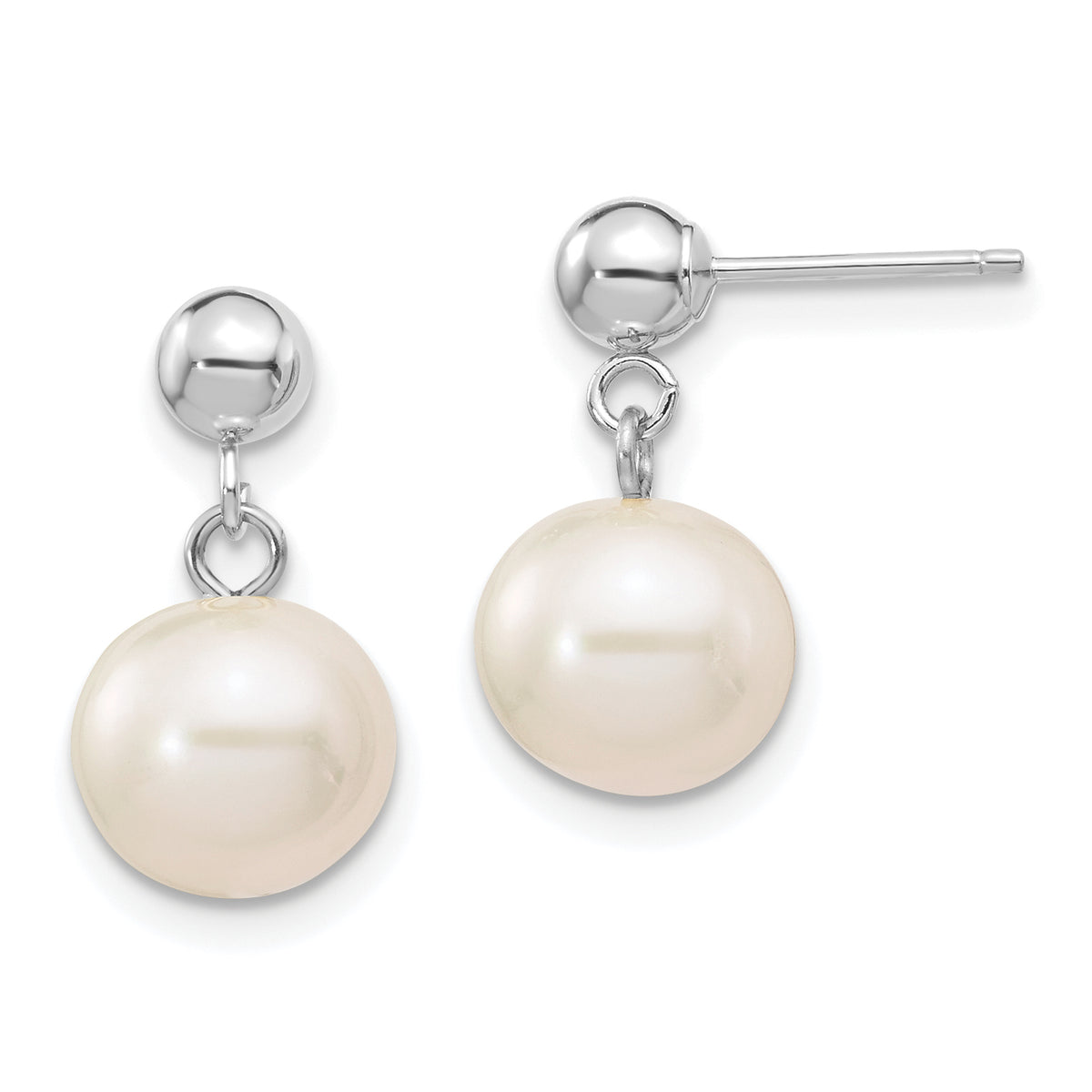 14kw 8-8.5mm White Round Freshwater Cultured Pearl Post Dangle Earrings-XFW570