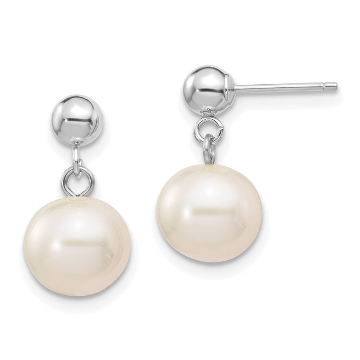 14kw 8-8.5mm White Round Freshwater Cultured Pearl Post Dangle Earrings-XFW570