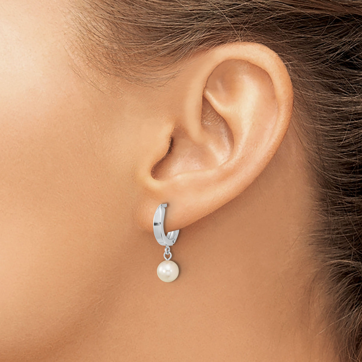 14k WG 6-7mm Rnd Akoya Saltwater Cultured Pearl Dangle Hoop Earrings-XFW650E