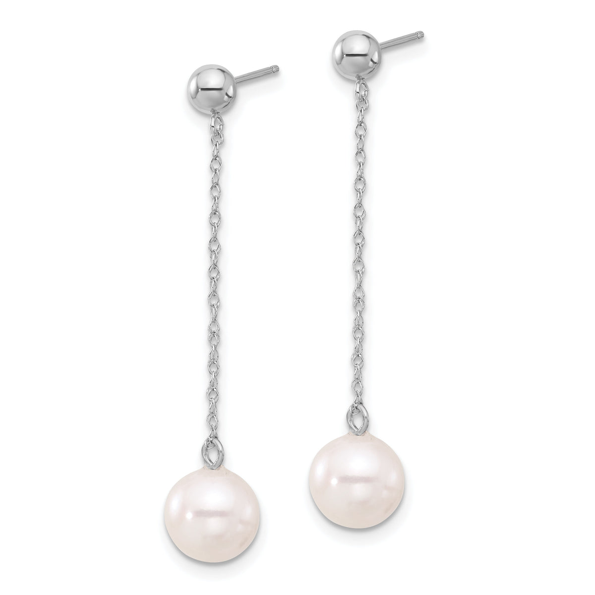 14kw 7-8mm White Round Freshwater Cultured Pearl Post Dangle Earrings-XFW652E