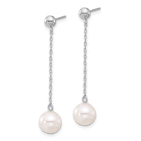 14kw 7-8mm White Round Freshwater Cultured Pearl Post Dangle Earrings-XFW652E