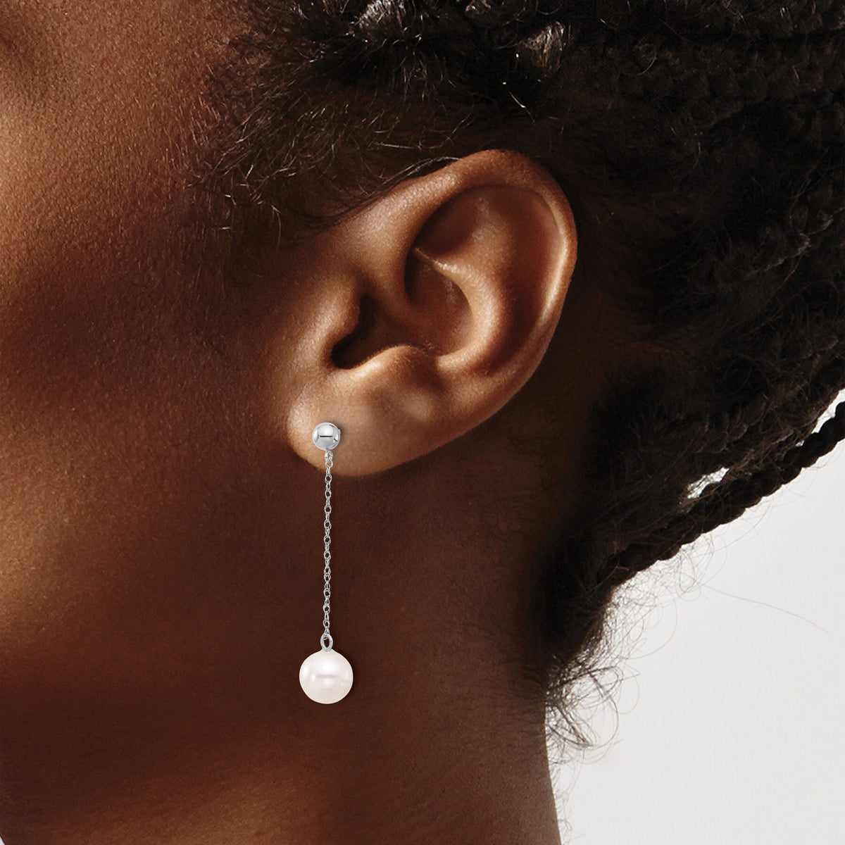 14kw 7-8mm White Round Freshwater Cultured Pearl Post Dangle Earrings-XFW652E