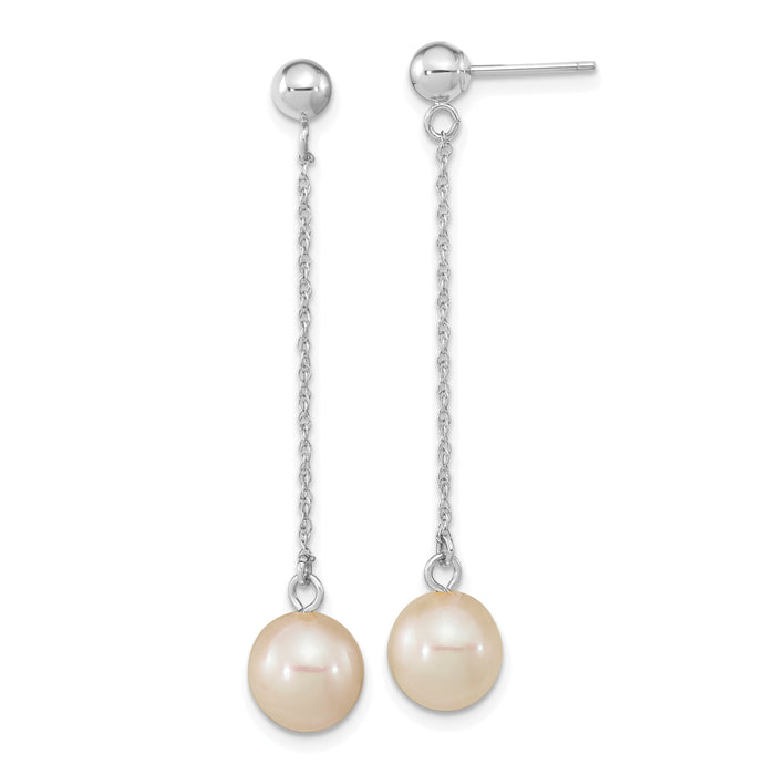 14kw 7-8mm White Round Freshwater Cultured Pearl Post Dangle Earrings-XFW652E