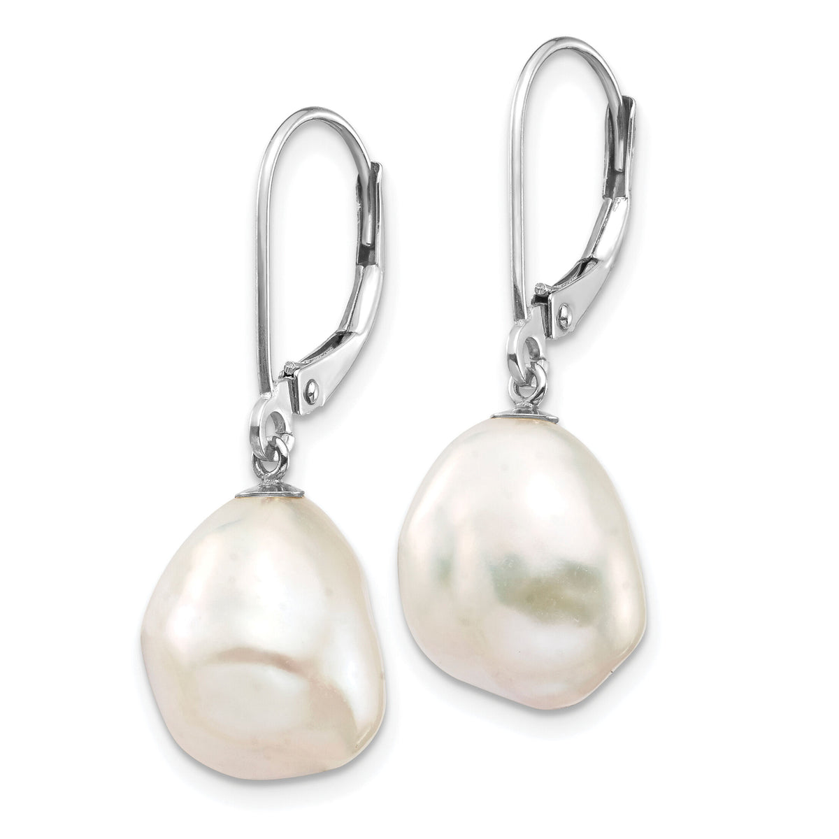 14K White Gold 10x13mm Keshi White FWC Pearl Dangle Earrings-XFW714E