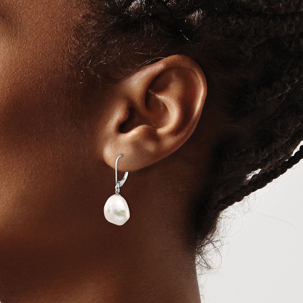 14K White Gold 10x13mm Keshi White FWC Pearl Dangle Earrings-XFW714E