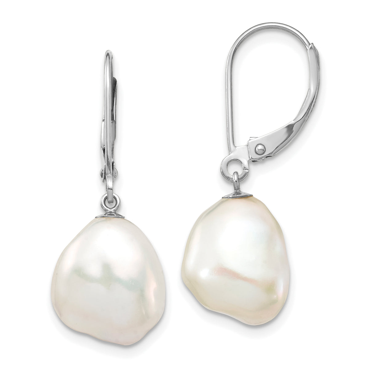 14K White Gold 10x13mm Keshi White FWC Pearl Dangle Earrings-XFW714E