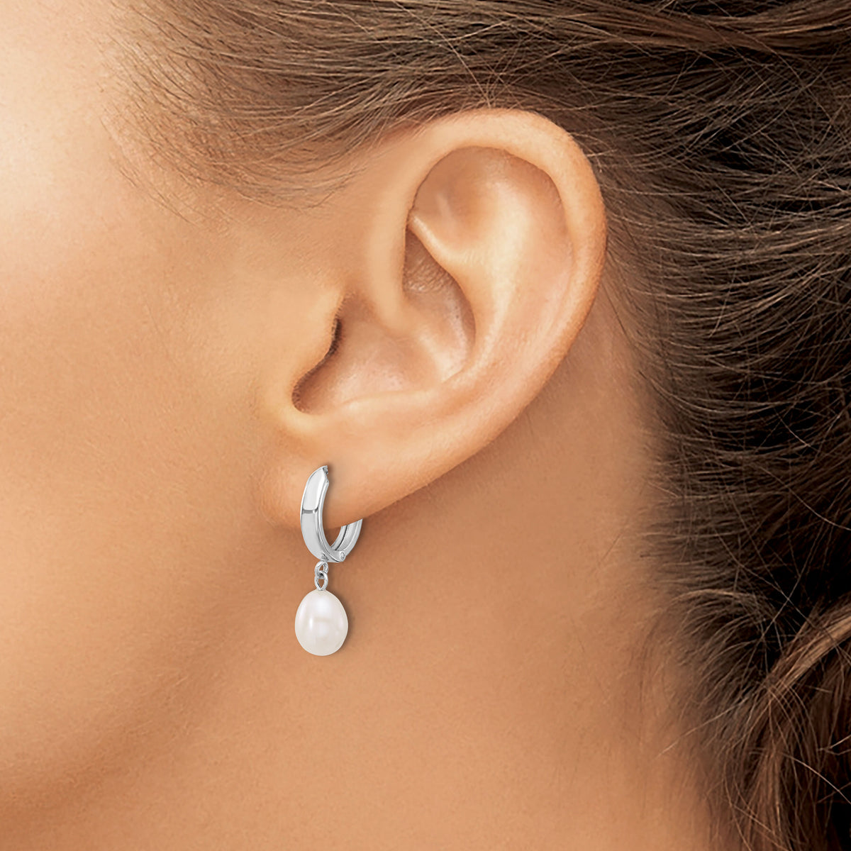14K White Gold 6-7mm Teardrop White FWC Pearl Hoop Dangle Earrings-XFW792E