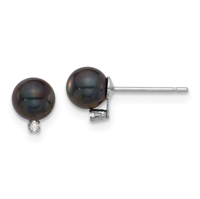 14K White Gold 5-6mm Blk Saltwater Akoya Pearl .02ct Dia Post Earrings-XFW833E