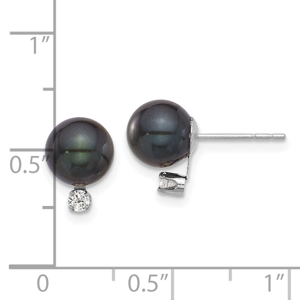 14K White Gold 7-8mm Round Black Akoya Pearl & .10ct Dia Post Earrings-XFW835E