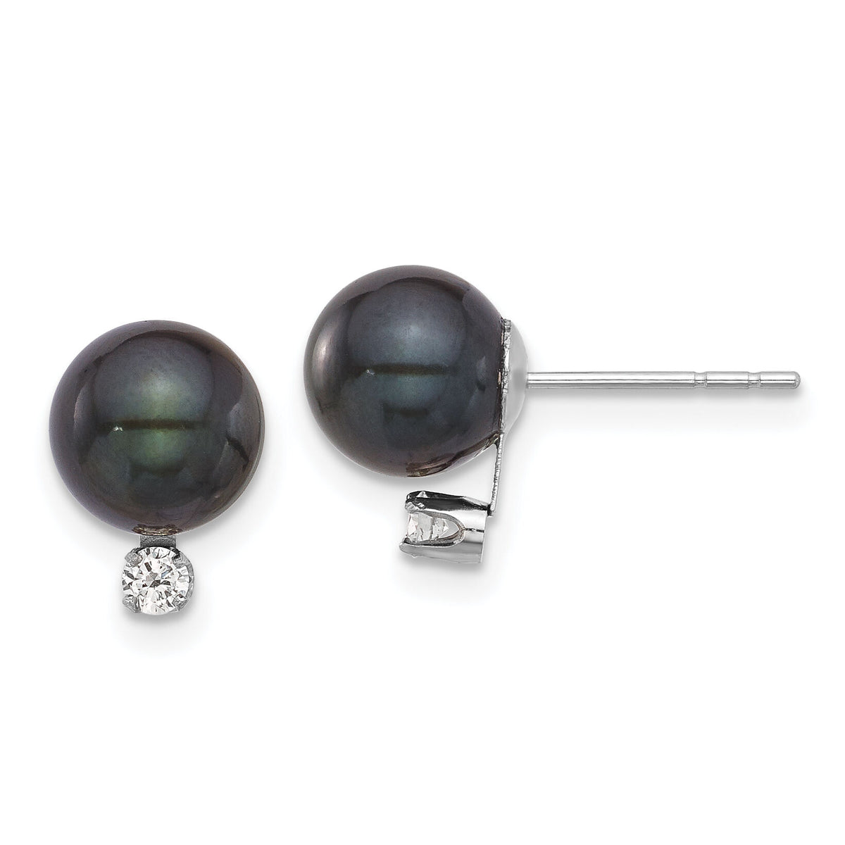 14K White Gold 7-8mm Round Black Akoya Pearl & .10ct Dia Post Earrings-XFW835E