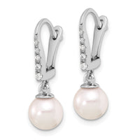 14K White Gold 6-7mm Rnd Wht Akoya Pearl and .085ct Dia Dangle Earrings-XFW838E