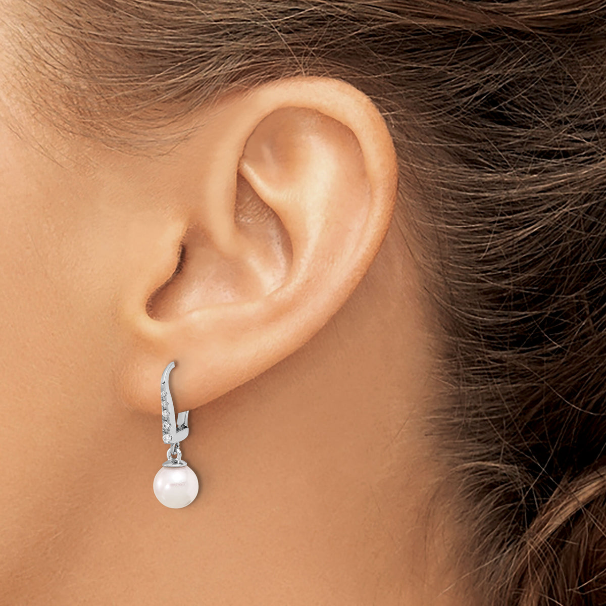 14K White Gold 6-7mm Rnd Wht Akoya Pearl and .085ct Dia Dangle Earrings-XFW838E