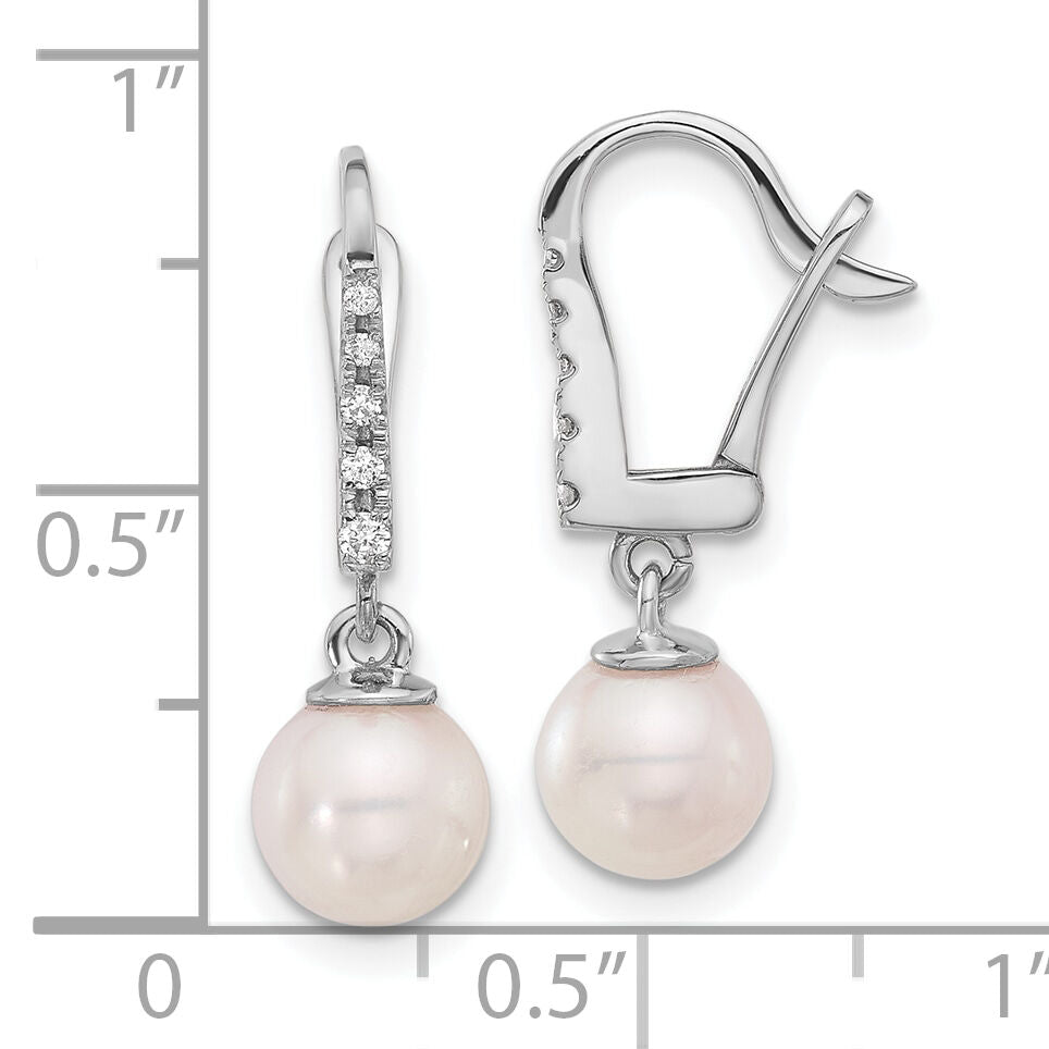14K White Gold 6-7mm Rnd Wht Akoya Pearl and .085ct Dia Dangle Earrings-XFW838E