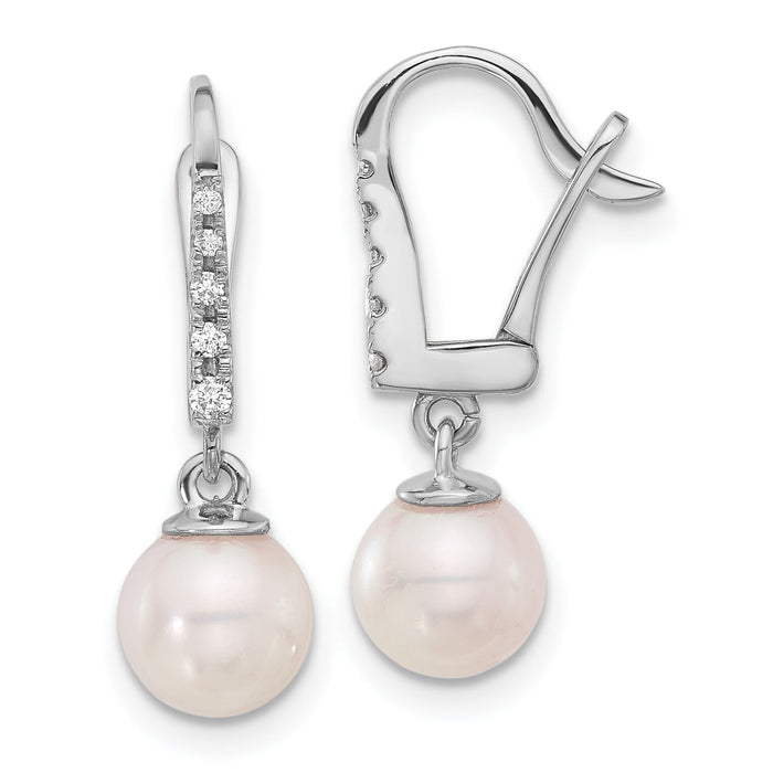 14K White Gold 6-7mm Rnd Wht Akoya Pearl and .085ct Dia Dangle Earrings-XFW838E