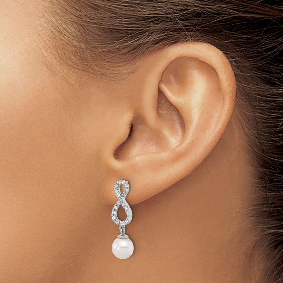 14K White Gold 7-8mm Wht Akoya Pearl and .40ct Dia Infinity Post Earrings-XFW840E
