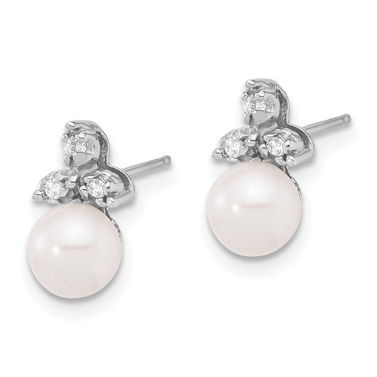 14K White Gold 5-6mm Round White FWC Pearl .06ct Dia Post Earrings-XFW846E