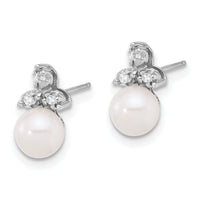 14K White Gold 5-6mm Round White FWC Pearl .06ct Dia Post Earrings-XFW846E