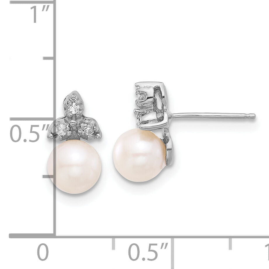 14K White Gold 5-6mm Round White FWC Pearl .06ct Dia Post Earrings-XFW846E